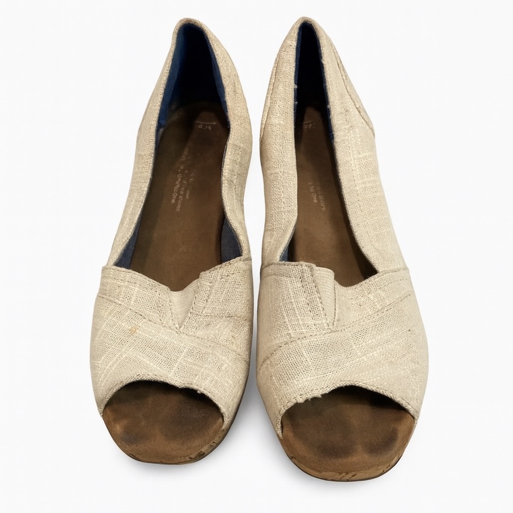 TOMS Stella Cork Wedge Sandals Womens Oatmeal Woven Open Toe Slip On Size 9